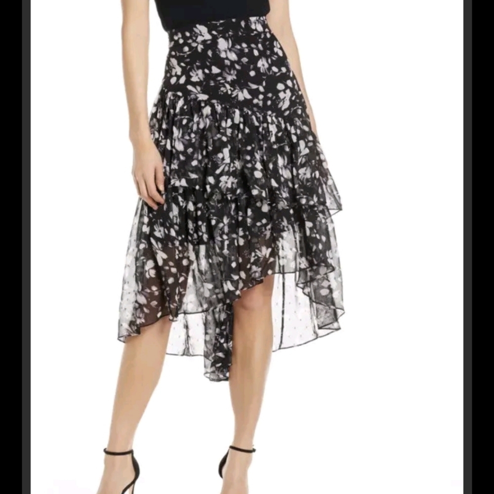 Eliza J Womens Asymmetric Skirt Black White Floral Ruffles Lined  SIZE 6